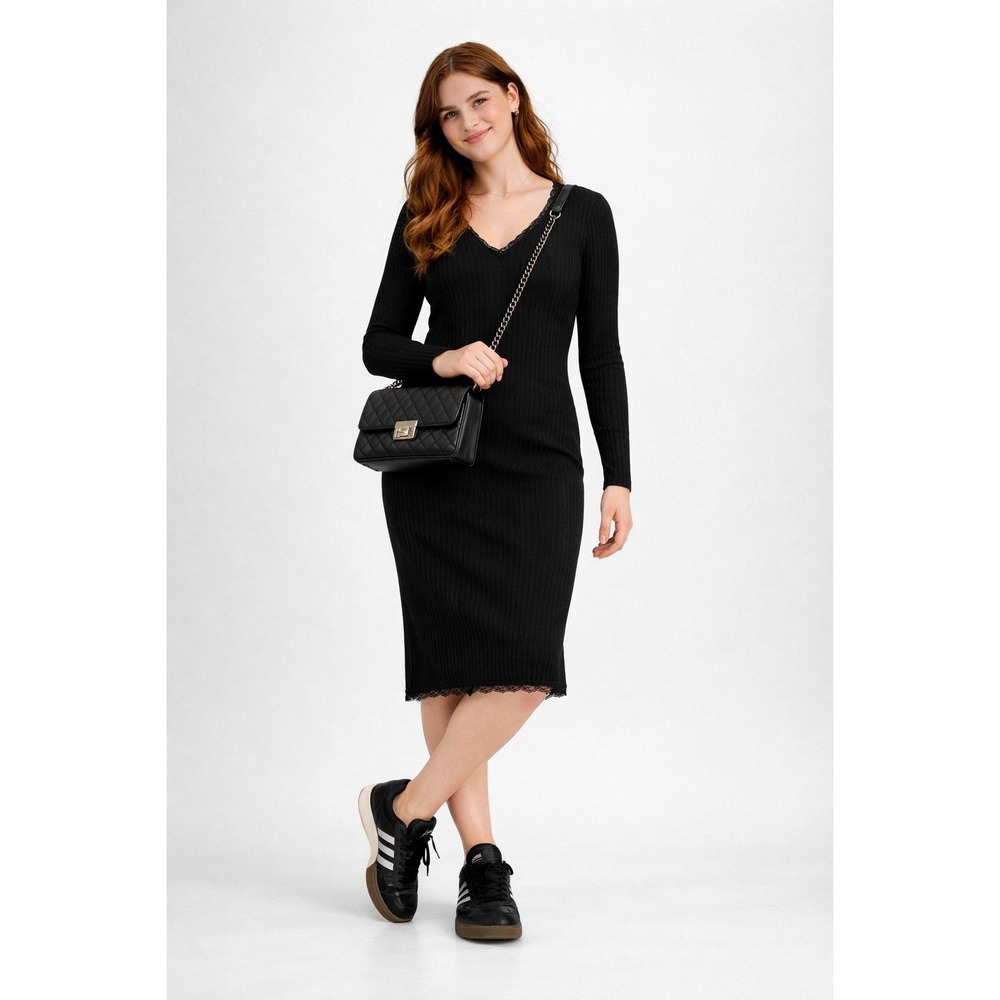 PLANET HERART Black Ribbed V Neck Lace Trim Long Sleeve Midi Dress Bodycon‎ XS